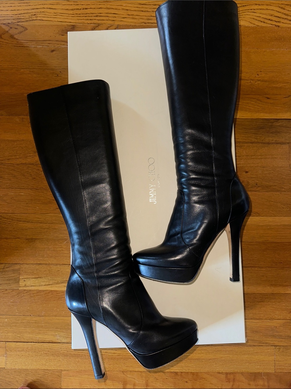 Jimmy Choo Platform Knee-High Boots in Black Leather